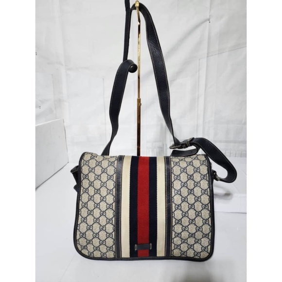 Authentic GUCCI Vintage GG Coated Canvas Web Messenger Bag Blue/Beige - Picture 1 of 16